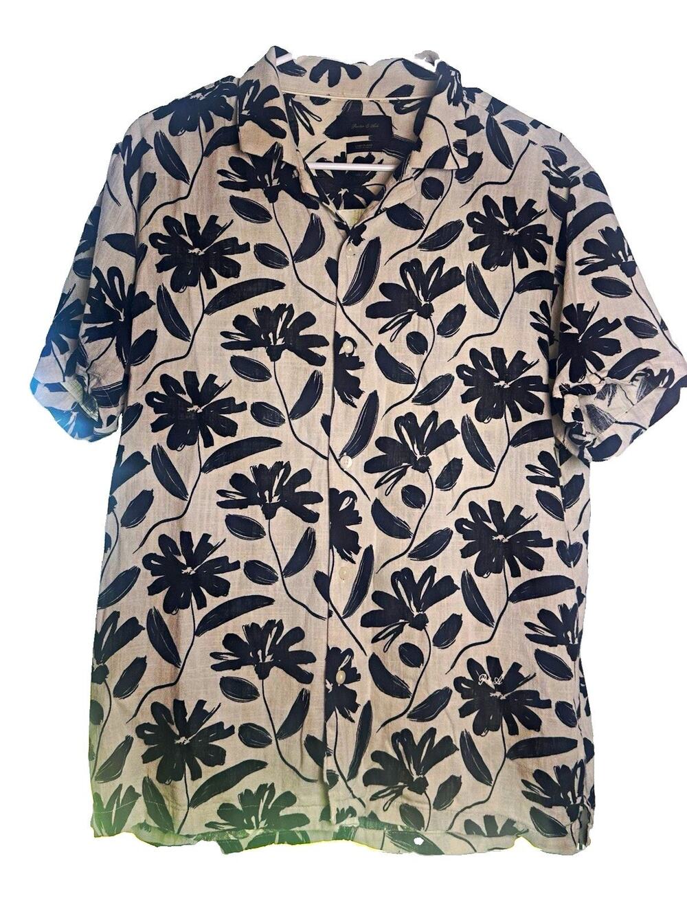 Porter & Ash Linen Blend Beige/Black Floral Short Sleeve Button-Up Shirt M